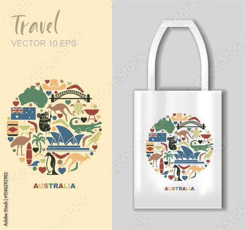 Vector illustration of Australia symbols with tote bag mockup ideal for travel and souvenir designs