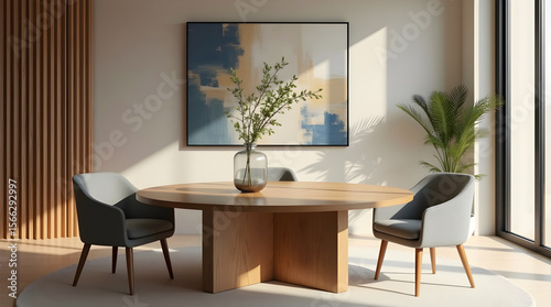 Modern minimalist dining area with a round wooden table and gray chairs