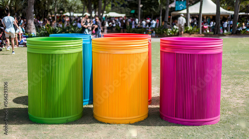 Wallpaper Mural Four colorful outdoor trash bins (green, blue, orange, pink) stand on grass with a crowd and trees in the background at a public event. Torontodigital.ca