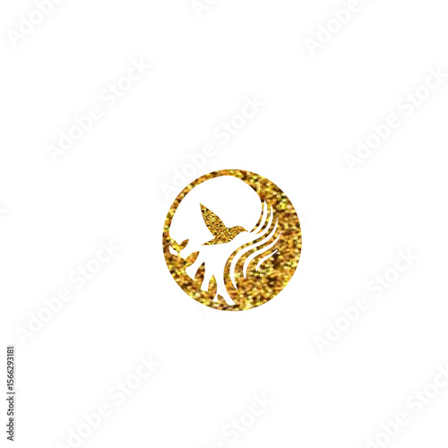 A golden bird design inside a circle on a white background image