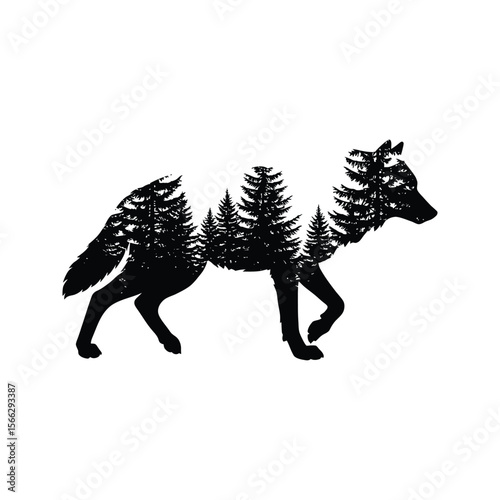 Wolf Silhouette with Pine Trees Inside  Nature Forest Animal Double Exposure