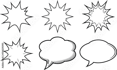 Vector art of set of six comic speech bubbles, isolated on transparent background, in a classic style