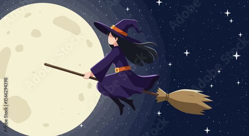 Witch Flying on Broom Past Moon Night Sky Halloween Illustration.
