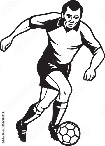 Vector illustration of a soccer player in dynamic dribble pose, perfect for sports logos, t-shirt designs, and team branding.