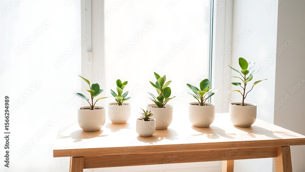 Fototapeta premium Small Indoor Plants by Sunny Window on Wooden Table
