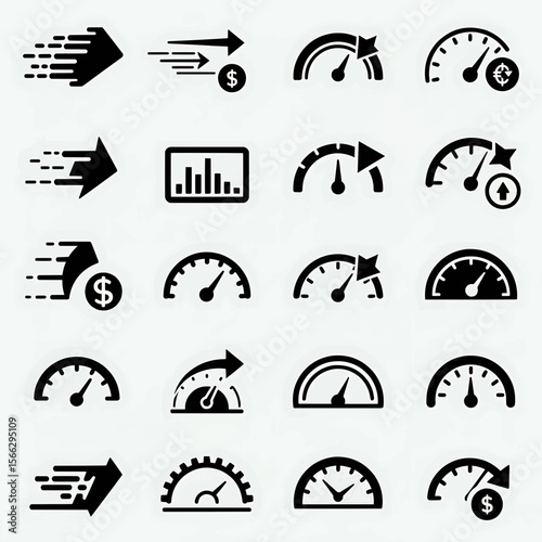 Collection of black and white icons depicting speed, performance, and financial growth indicators