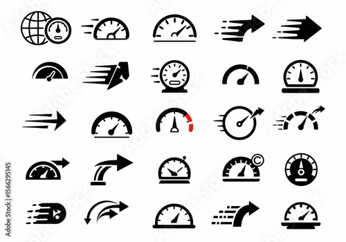 Illustration of various speedometers and arrows indicating motion and direction in a vector format