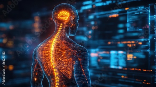 Wireframe Human Body with Glowing Brain and Spinal Cord on Data Screen