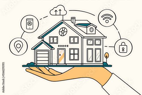 Hand holding a smart home with cloud wifi location app and security system in a modern design style