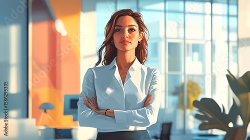 Elegant Painted Portrait of Confident Businesswoman in Modern Office Interior