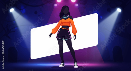 Faceless Fashionista: Neon-Accented Outfit on Stage with Spotlights and Blank Sign.