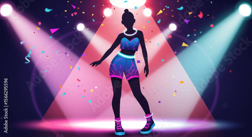 Silhouette of a Dancer in Neon-Lit Stage Setting with Confetti.