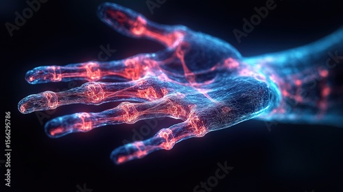 Futuristic Abstract Illuminated Hand Skeleton Anatomical Glowing Cybernetic Illustration
