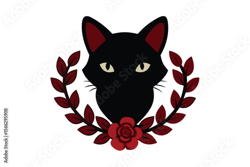 Soft focus pastel cat nestled in a delicate floral wreath on a white background