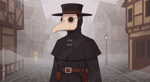Plague Doctor in Foggy Medieval Town Vector Illustration.