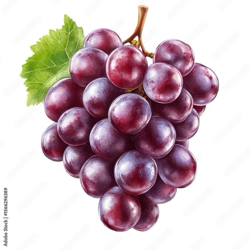 Fototapeta premium Ripe red grape cluster with green leaf set against a transparent background capturing the essence of fresh fruit, Ripe red grape on transparent