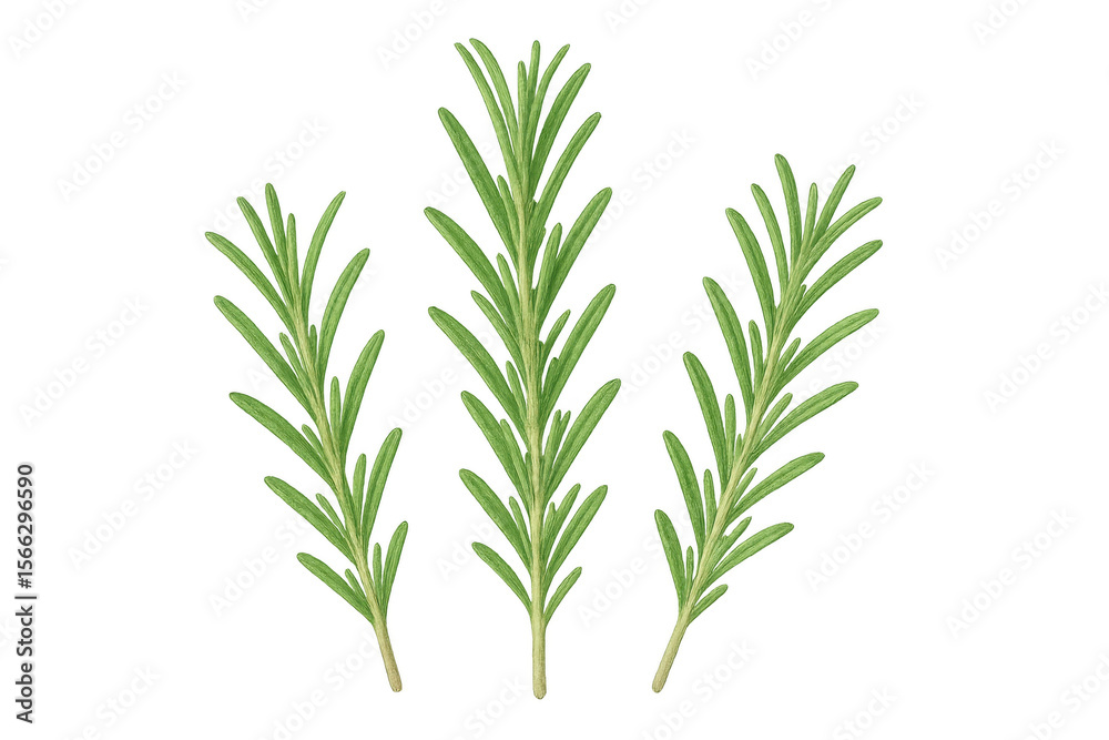 Fototapeta premium Fresh rosemary sprigs showcasing aromatic green leaves, delicate stems arranged artfully on crisp white surface, emphasizing herb's culinary freshness