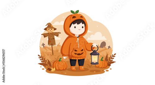 Halloween Night: Child in Pumpkin Costume with Lantern in Graveyard Illustration.