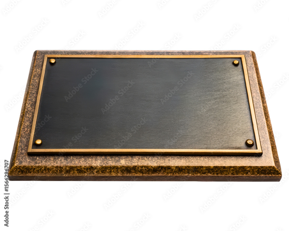 Fototapeta premium Blank rectangular metal plaque on a textured bronze base on a transparent background