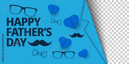 Happy Father's Day greeting card, banner, poster or flyer design with flying origami hearts, paper mustache, glasses and bow tie. Paper art, digital craft style