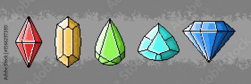 Pixel art gems and diamonds set in different colors illustration