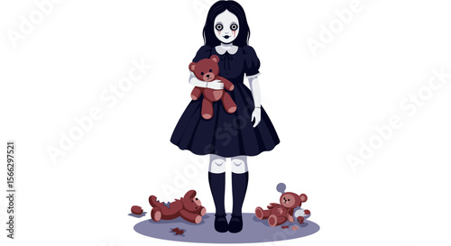 Creepy Doll with Teddy Bear Broken Toys Horror Illustration Vector Art.