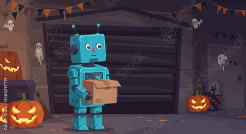 Halloween Robot Delivering Package Amidst Spooky Pumpkins and Ghosts.