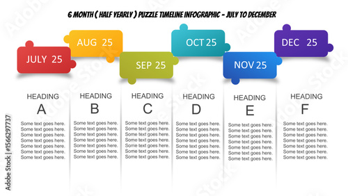 6 Months Timeline Infographic with Puzzle Tabs – July to December Template. Half-yearly. Fully editable modern infographic vector elements SVG file compatible with PowerPoint.