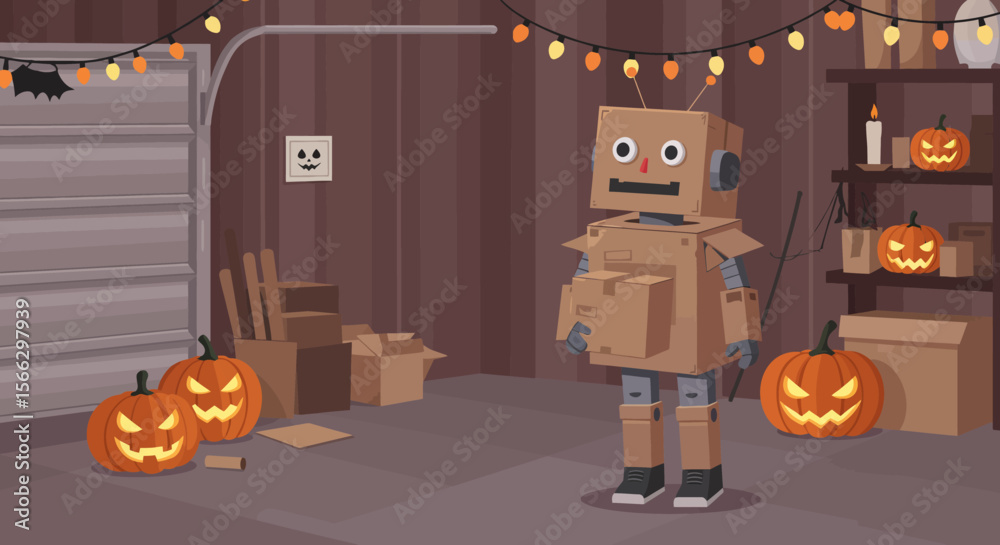 Obraz premium Cardboard Robot in Halloween Garage Spooky Cardboard Costume.