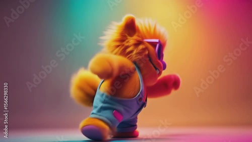 Fluffy monster puppet with sunglasses and striped shirt dancing on colorful gradient background. Fun mascot character performing cheerful dance moves concept.