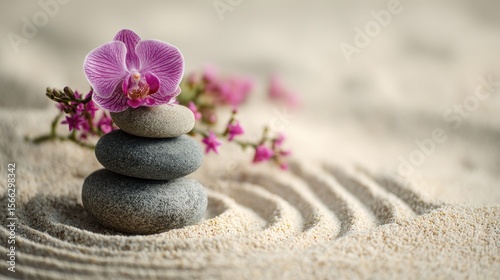 Pink orchid and stacked stones on sand zen garden concept