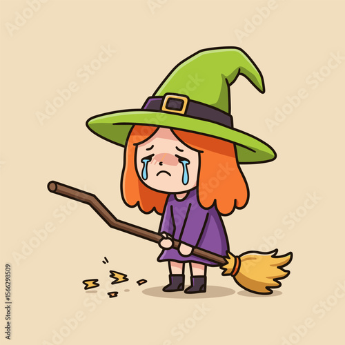 This cartoon witch with orange hair, green hat, and purple dress is crying while holding a broken broomstick — a mix of magic and misfortune.