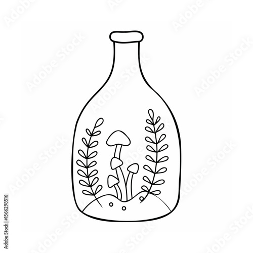 Outline a bottle with mushrooms leaves inside on a glass handdrawn