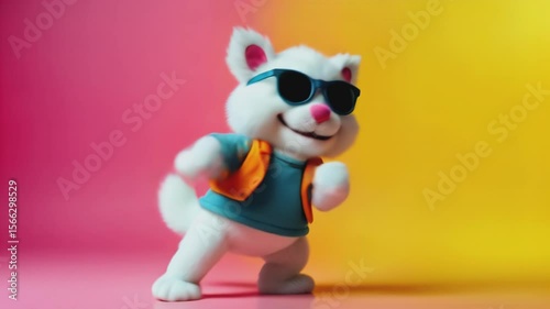Fluffy monster puppet with sunglasses and striped shirt dancing on colorful gradient background. Fun mascot character performing cheerful dance moves concept.