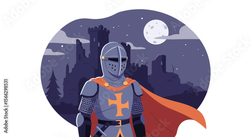 Knight in Armor Stands Before Castle Ruins Under Moonlight Vector Illustration.