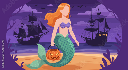 Halloween Mermaid: Spooky Beach Scene with Pirate Ships and Pumpkin Bucket.