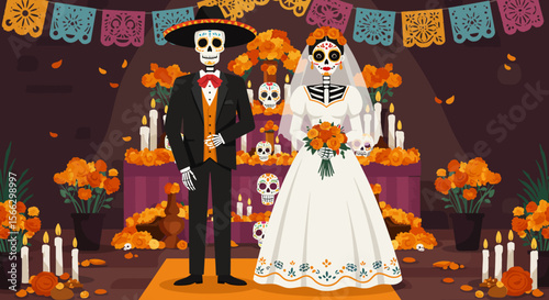 Day of the Dead Wedding: Skeletal Bride and Groom with Marigolds and Candles.