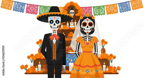 Day of the Dead: Elegant Skeleton Couple with Altar and Papel Picado.