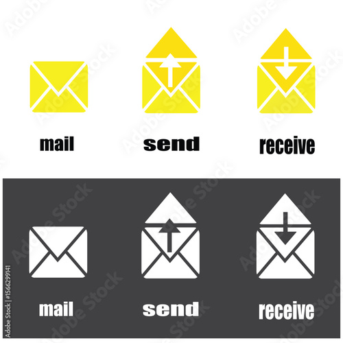 A set of flat mail and email icons for send and receive actions.