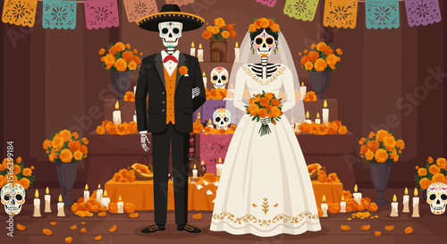 Day of the Dead Wedding: Skeleton Couple in Festive Setting.