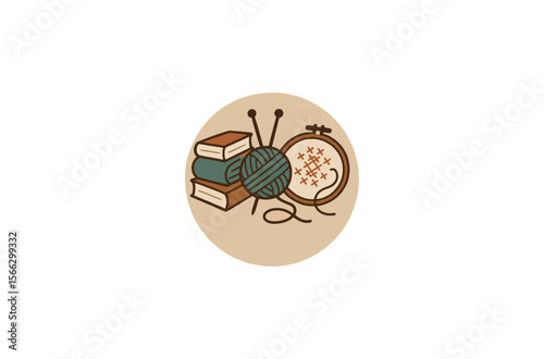 Knitting and Crochet Book with Craft Supplies logo vector Editable design 