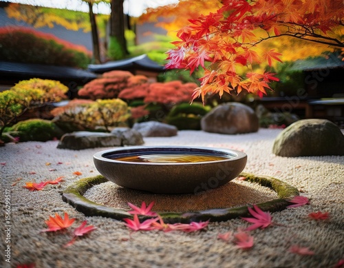 Ein ruhiger Zen-Garten zeigt ein schlichtes Wasserschälchen aus Stein photo