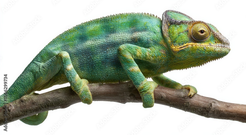 Obraz premium Close-up of a vibrant green chameleon perched on a thin branch with detailed textured skin and large eye, isolated on white background