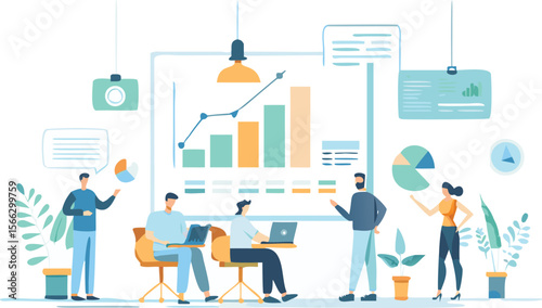 Illustration of a business team analyzing data charts and graphs in a meeting room setting