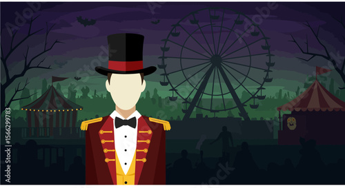 Spooky Carnival Ringmaster: Halloween Night with Ferris Wheel and Bats.