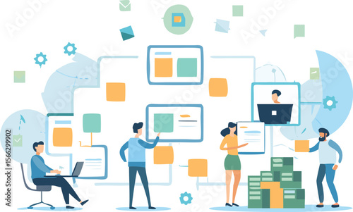 Illustration of a team collaborating on a project with diagrams and sticky notes in a modern office space