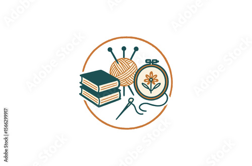 Knitting and Crochet Book with Craft Supplies logo vector Editable design 