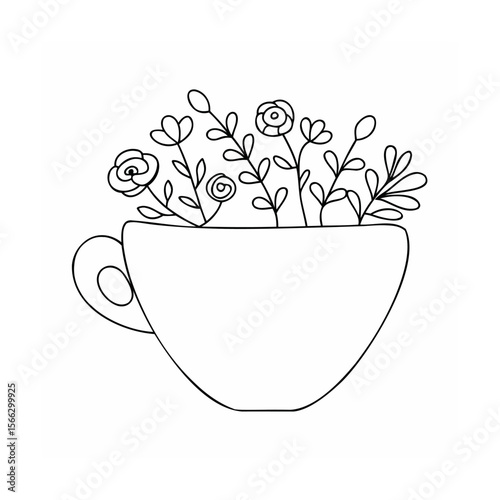 Line art teacup filled with flowers leaves on a floral
