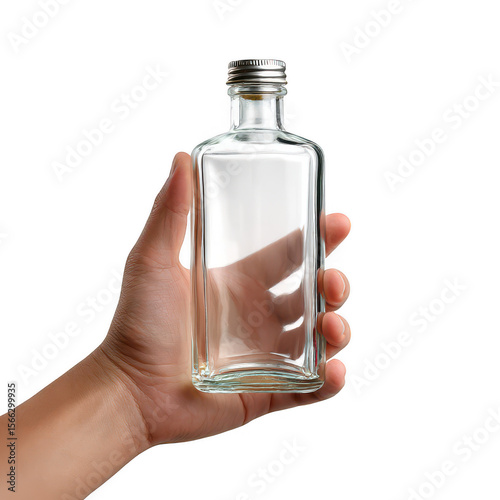 Clear Glass Bottle in Hand isolated on a transparent background