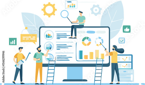 Team analyzing data on a large computer screen with charts and graphs for business intelligence task
